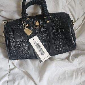 Black Crocodile Embossed Satchel with Braided Handles